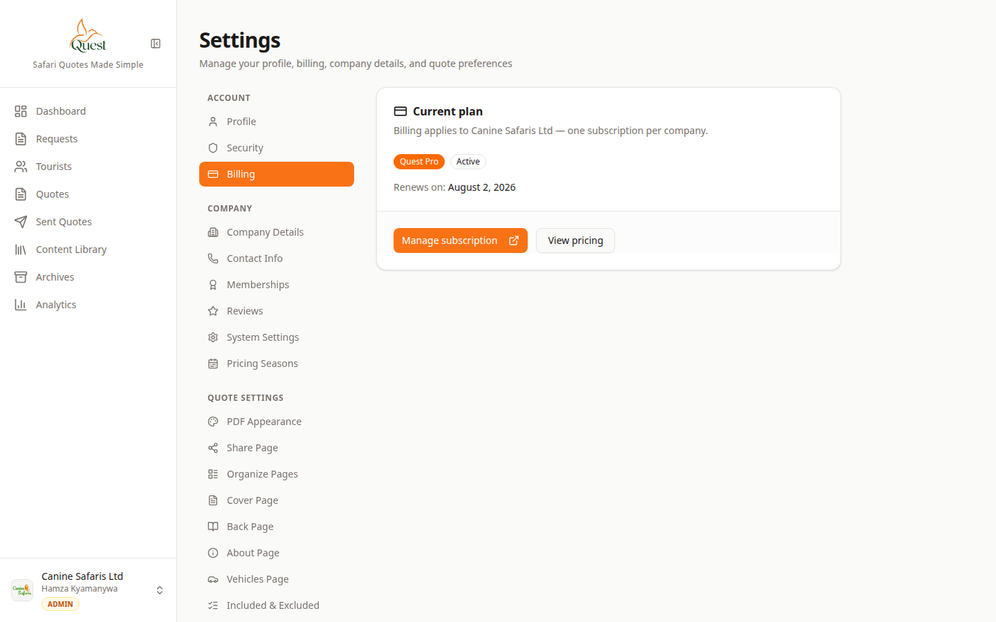 Billing settings